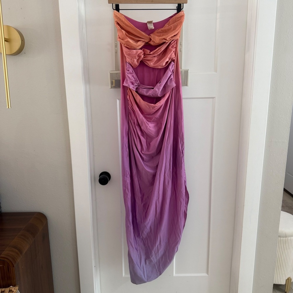 Baobab Vera Ombre Strapless Ruched Maxi Dress Pink Purple Sz Medium Beach Resort